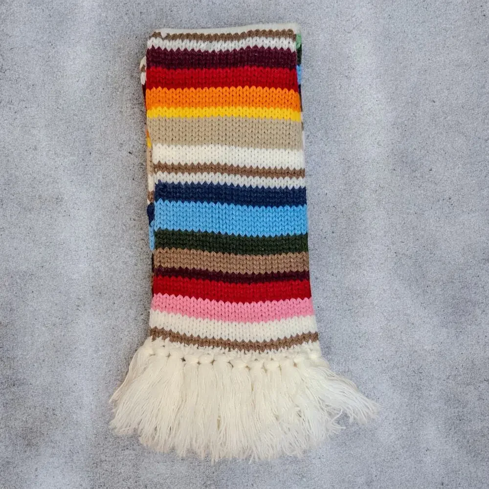 Vintage Hand Knit Striped Scarf Made in Korea Multicolor Fringe